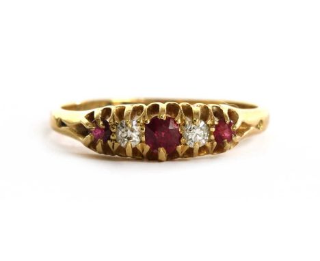 An 18ct gold ruby and diamond five stone ring, by Deakin &amp; Francis, with a row of graduated mixed cut rubies and Swiss cu