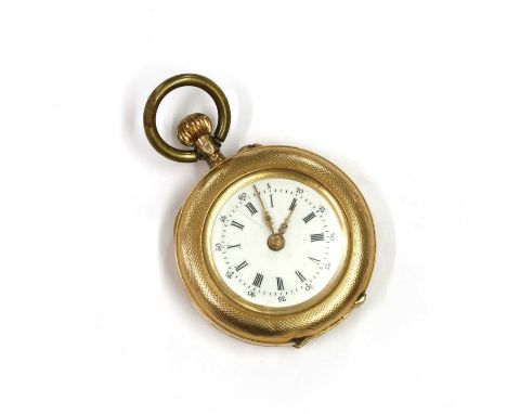 A gold pin set fob watch, 29mm diameter, with a white enamel dial and back Roman numerals, with engine turned case back and a