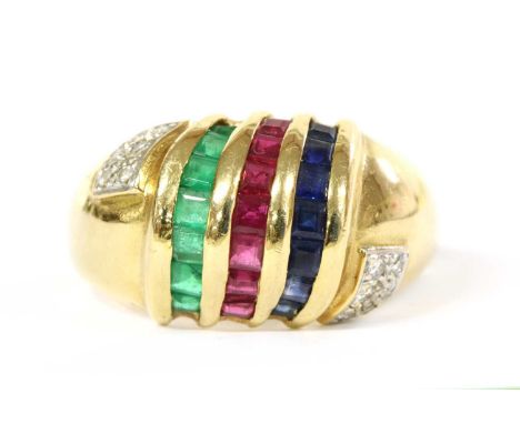 A gold sapphire, ruby, emerald and diamond ring, a bombé form head channel set with rows of square step cut sapphires, emeral