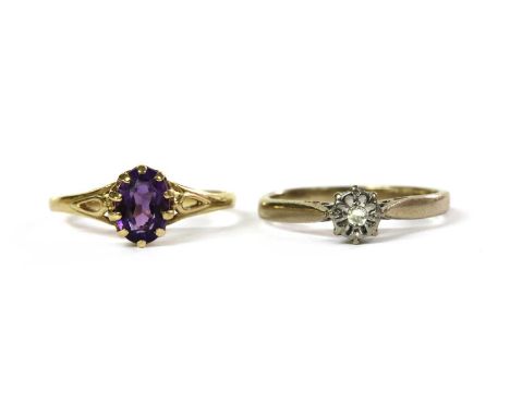 Two gold rings, to include an 18ct gold single stone diamond ring, with an eight cut diamond grain set to an illusion collet,