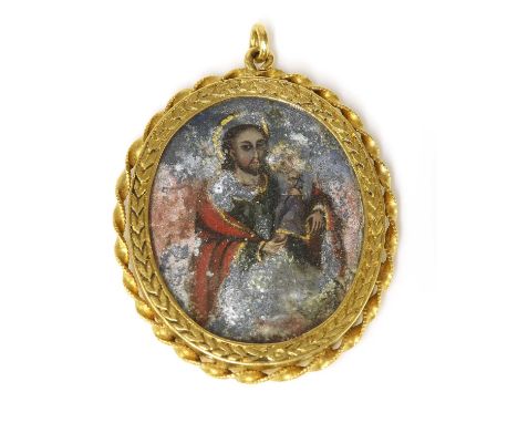 A gold South American or Spanish oval reliquary pendant, probably early 19th century, depicting Saint Joseph with the Christ 