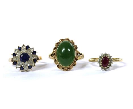 Three 9ct gold rings, to include a single stone nephrite ring, Birmingham 1975, a synthetic spinel cluster ring, Birmingham 1