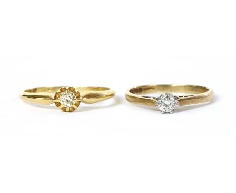 A gold single stone diamond ring, with an old cut diamond claw set to a scalloped collet, with tapered shoulders and a 'D' se