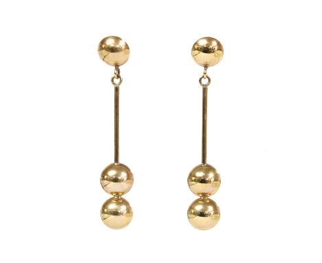 Two pairs of gold earrings, to include a pair of 9ct gold drop earrings with a square section bar terminating in a pair of co