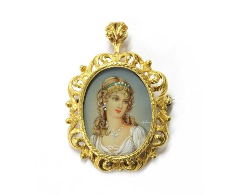 A gold mounted miniature portrait brooch/pendant, the hand painted miniature portrait, with an eight cut diamond at the ear, 