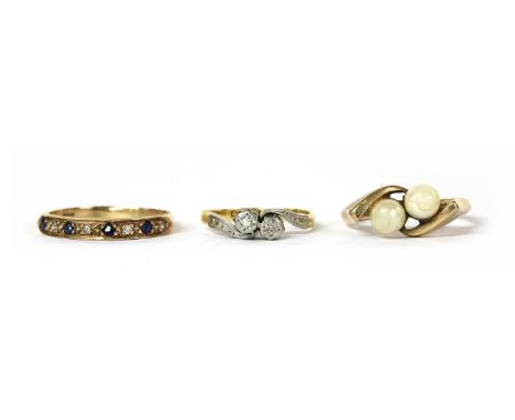 Three gold rings, to include a 9ct gold cultured pearl ring, London 1967, a 9ct gold sapphire and diamond half eternity ring,