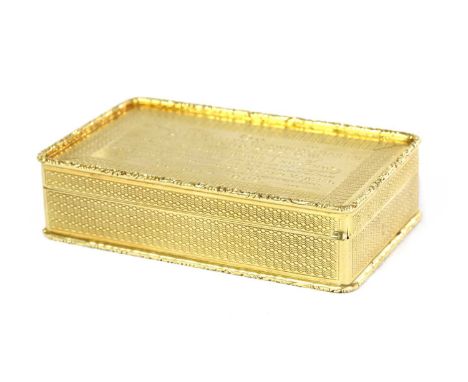 An 18ct gold snuff box, by William Base &amp; Sons, of rectangular with engine turned decoration and raised chased borders, t