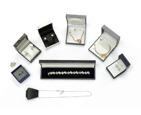 A small quantity of silver jewellery, to include a sterling silver three stone ruby ring, Sheffield, a silver diamond set pen