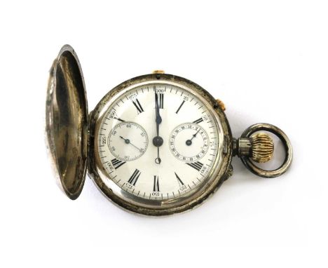 A silver chronograph hunter pocket watch, 51mm diameter, with engine turned circular barley decoration to the front and back 