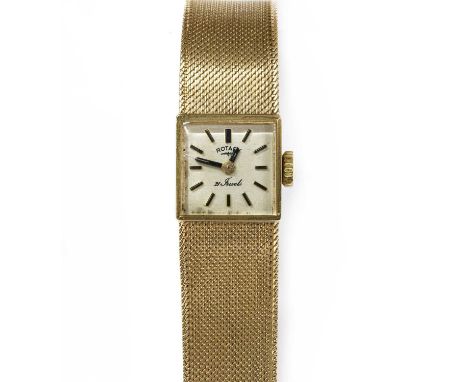 A ladies' 9ct gold Rotary mechanical bracelet watch, with a square case, 14.5mm diameter, a silvered dial and baton hour mark