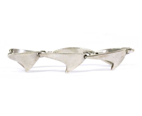 A sterling silver 'Shark Fin' bracelet, by Bent Knudsen, with hook clasp, marked sterling Denmark Bent K, import hallmark Lon