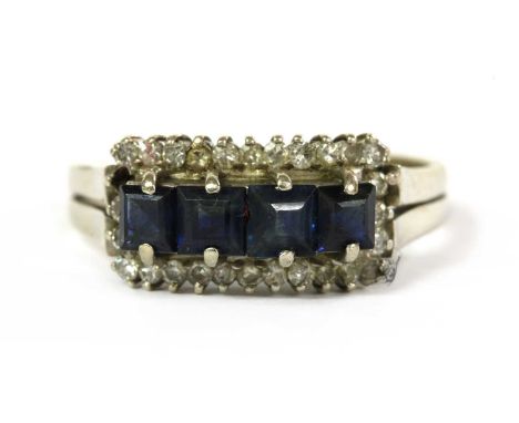 A sapphire and diamond ring, with a row of square step cut sapphires, possibly synthetic, claw set, to surround of eight cut 