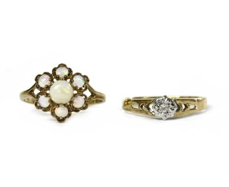 Two 9ct gold rings, to include an opal cluster ring, London 1979, and a single stone diamond ring, London, 3.95g total (2)Fin