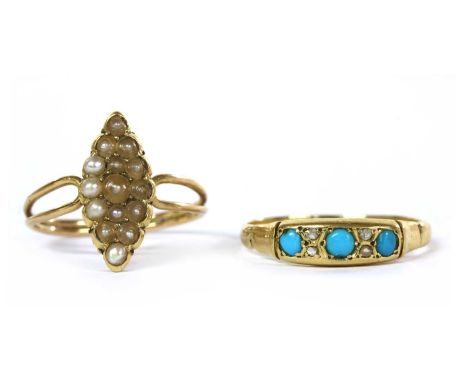 A Victorian gold turquoise and diamond ring, with three graduated round cabochon turquoise, with pairs of rose cut diamonds b