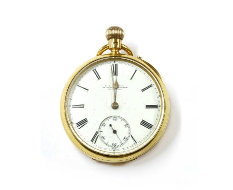 An 18ct gold pin set open-faced pocket watch, 49mm diameter with a white enamel dial signed T. R. Russell, 18 Church Street, 