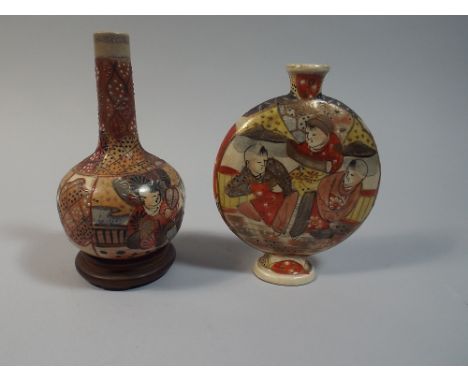 A Oriental Satsuma Moon Flask, 13cm high and a Satsuma Vases on Turned Wooden Stand,