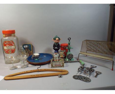 A Tray Containing Vintage Items Including Tins, Sweet Jar, Record Rack, Vintage Advertising Trays etc
