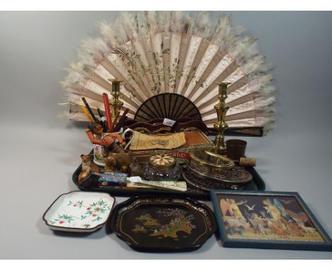 A Tray of Curios to Include Dairy Thermometer, Cigar Box, Enamelled Dish and Match Box Holder, Brass Candle Sticks, Horse Bra