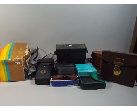 A Tray Containing Various Vintage Binoculars, Cameras, Slide Viewer etc