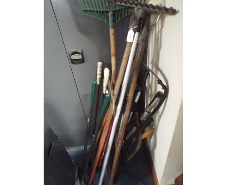 A Collection of Garden Tools including an electric lawnmower and a Flymo Hedge Trimmer