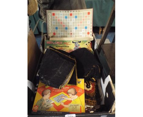 A Box Containing Vintage Toys and Games, Cowboy Suit, Sooty and Sweep Xylophone etc