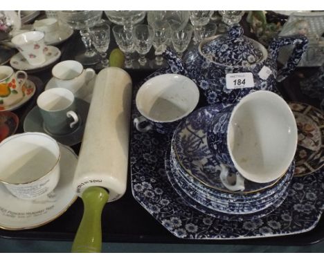 A Tray of Ceramics to Include Calico Teapot and Tray, Saucers, Crown Derby Imari Dish, Rolling Pin Etc