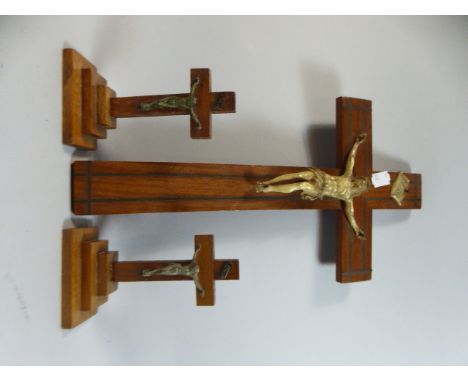 A Wall Hanging 19th Century Inlaid Crucifix with Ivory, Corpus Christi, 35cm High Together with Two Small Crucifix on Step St