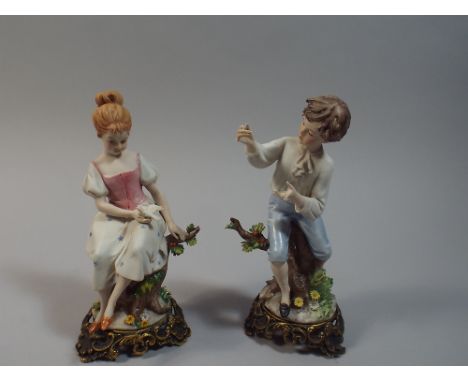 A Pair of Italian Ceramic Figures on Gilt Metal Stands