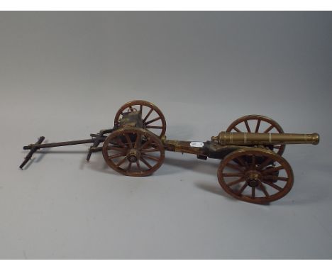 A Brass and Wooden Model of a Field Gun, Carriage and Shaft, 54cm Long