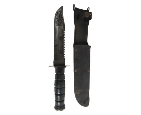 Militaria: A U.S. Army Issue Trench 'K' Bar Dagger, the blade stamped 'Rangers' in original leather scabbard with turned ebon