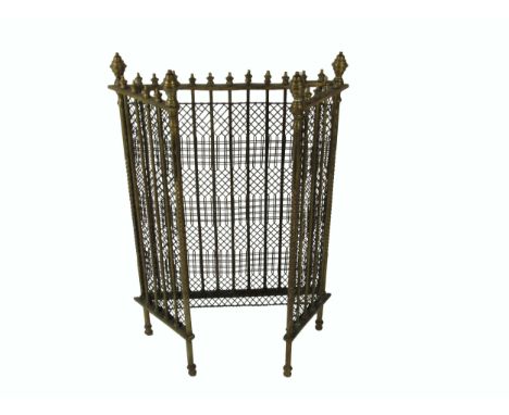 A 19th Century heavy brass three fold Spark Guard, with multi finial top, with plain pillar uprights, approx. 63cms (25") hig