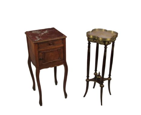 A French style marble top Stand, with shaped top with pierced brass gallery with ormolu mounts on triform base with platform 