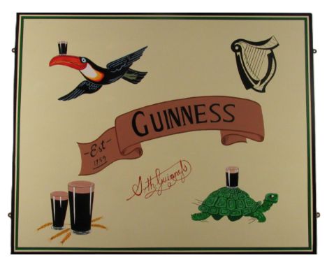 An attractive large painted and varnished Advertisement Sign, for "Guinness" with illustrations of Toucan, Pints, Tortoise an