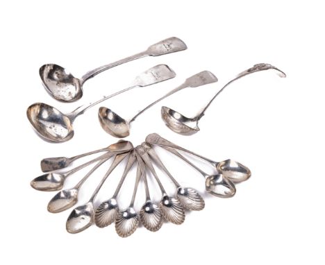 Silverware: A set of five silver shell bowl design Teaspoons, London 1894; together with five silver Egg Spoons, with Russell