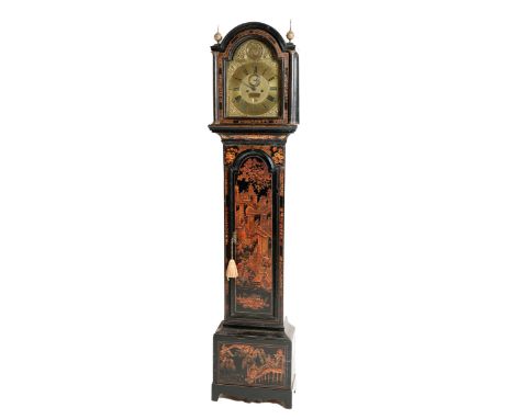 A fine quality late 18th Century / early 19th Century chinoiserie lacquered Longcase Clock, the arched hood with brass finial