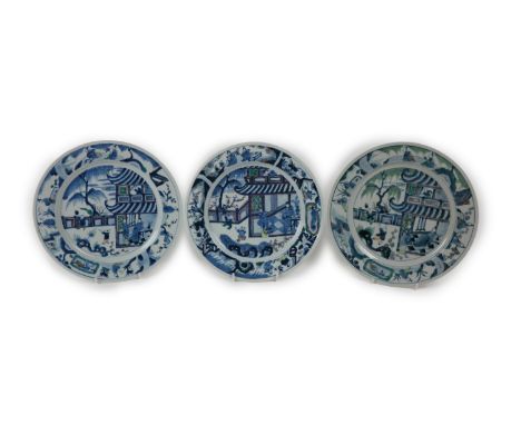 A set of three large Chinese 18th Century (Kangxi period) Doucai Dishes, each with large central interior panel with characte