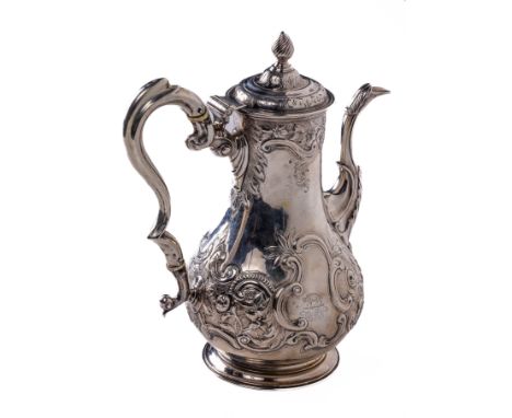 An important 18th Century Irish Provincial Coffee Pot, of attractive embossed floral decoration in the rococo taste, the hing