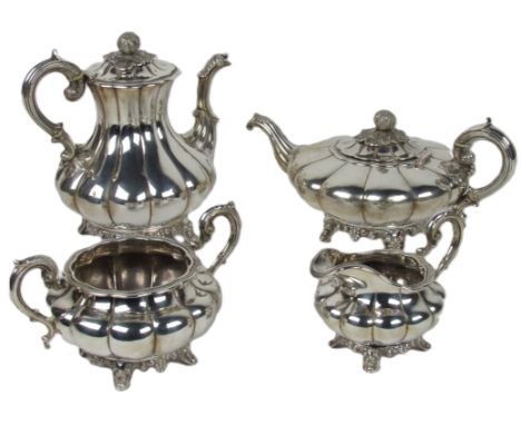 A fine quality Irish Victorian four piece silver Service, by James Fray, Dublin c. 1837, comprising tea, coffee, cream and su