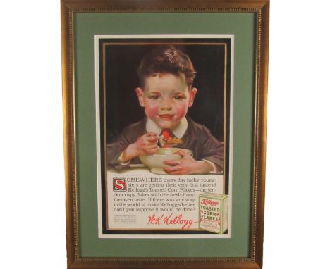 Advertisement:&nbsp; A coloured Lithograph Print for "Toasted Corn Flakes," with image of young boy eating a bowl of cereal, 