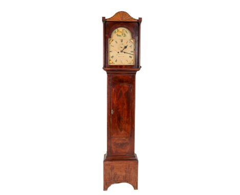An Irish Provincial mahogany cased Grandfather Clock, the hood with arch top and sunburst satinwood inlay, over Corinthian co