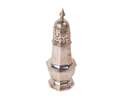 An attractive English silver domed top Sugar Shaker, by Thomas Bradbury &amp; Sons, c. 1899, the pierced decorated lid with s