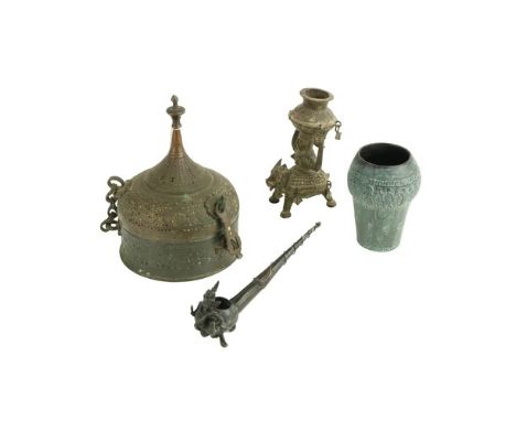 A 19th Century Indo-Persian pierced decorated Incense Burner, of domed form with hinged lid and circular base, a Middle Easte