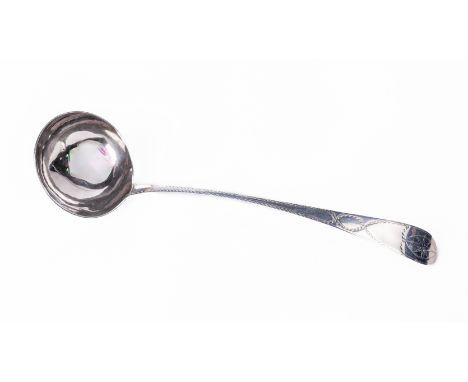 A fine quality Irish Georgian period Ladle, by John Shiels, Dublin c. 1799, of delicate bright cut design, and plain bowl, ap