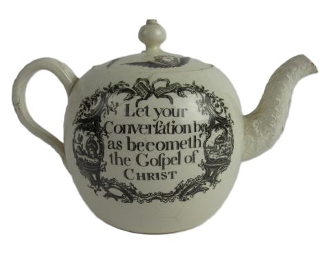 An important 18th Century Wedgwood creamware pottery Teapot, decorated with print image of John Wesley,&nbsp;Signed&nbsp; Gre