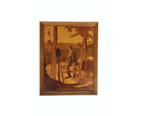 20th Century Irish School  "Time Enough in Connemara," Irish inlaid handwork, depicting a Gentleman smoking a pipe siting on 