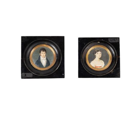 Pierre-Douard Dagoty, French (1775-1871)  Miniatures: "Portrait of an Elegant Young Gentleman with short black hair, white cr