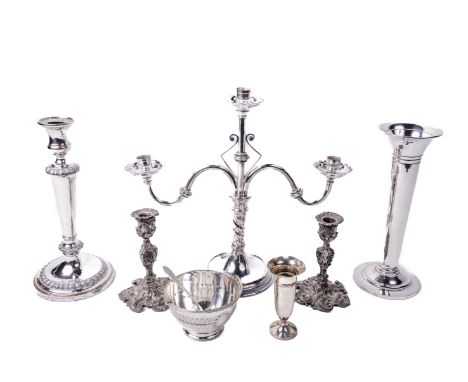 Silverware: A pair of Elkington &amp; Co. rococo style Bachelor Candlesticks, a Georgian style oversized single plated Candle