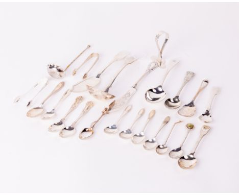 Silverware: A collection&nbsp;of varied silver Novelty Teaspoons, Sauce Ladle, Butter Knives, Miniature Tongs etc., as a lot,