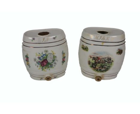Two ironstone porcelain barrel shaped Spirit Containers, for whisky, gin, with floral and equestrian decoration. (2) 