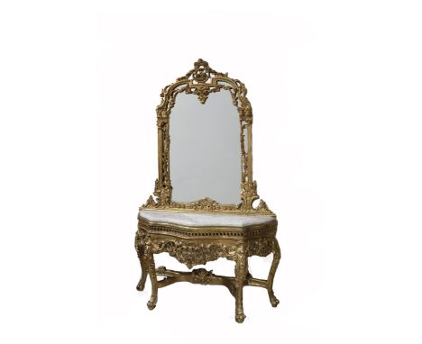 An attractive Louis XVI style giltwood Console Table and Mirror, the compartmental mirror embellished with floral garlands ov